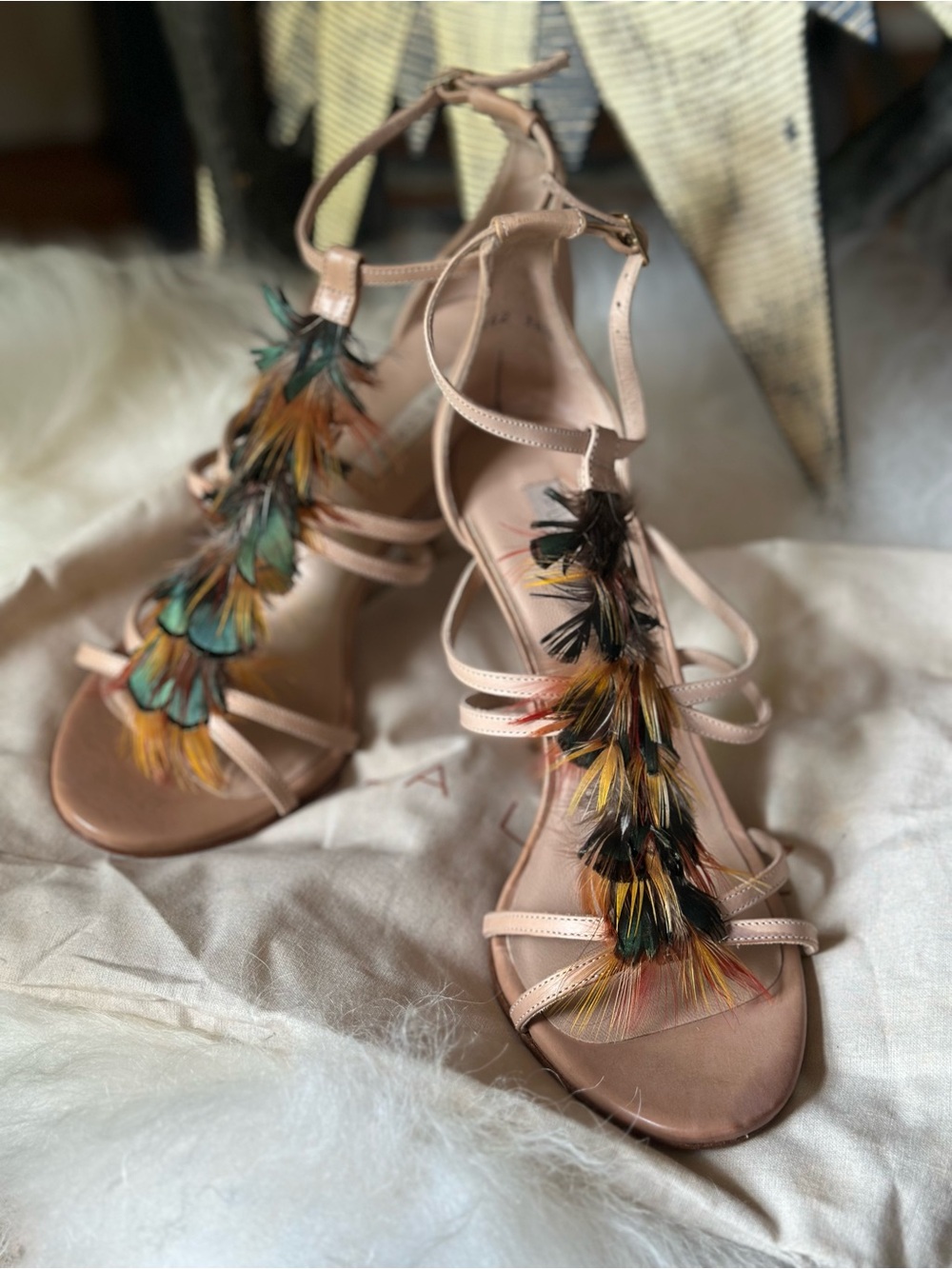 Pura Lopez Nude Strappy Sandals with Multicolor Eye-catching Feather Trim